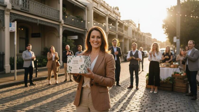 A wide-angle, cinematic photograph capturing a Balwyn entrepreneur presenting their innovative product during a sun-drenched, high-energy launch event, showcasing expert Balwyn brand storytelling commercial photography with dramatic professional lighting.