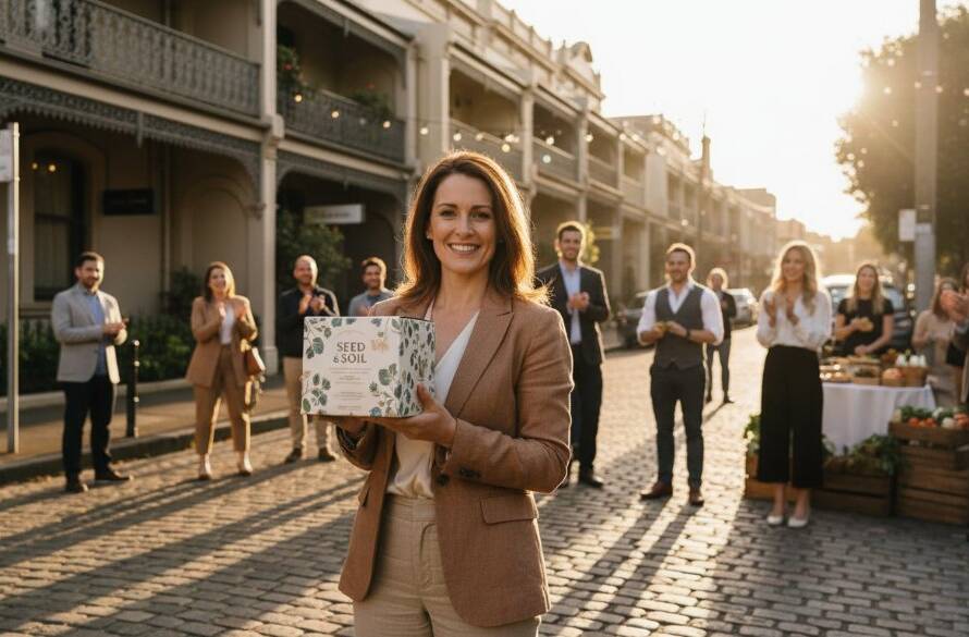 A wide-angle, cinematic photograph capturing a Balwyn entrepreneur presenting their innovative product during a sun-drenched, high-energy launch event, showcasing expert Balwyn brand storytelling commercial photography with dramatic professional lighting.