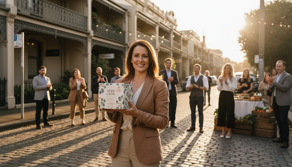 A wide-angle, cinematic photograph capturing a Balwyn entrepreneur presenting their innovative product during a sun-drenched, high-energy launch event, showcasing expert Balwyn brand storytelling commercial photography with dramatic professional lighting.