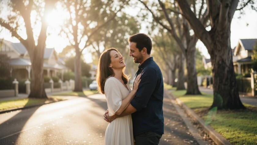 An epic moment of a laughing couple during their Balwyn engagement photography session, silhouetted against a golden hour sunset over leafy Balwyn, Victoria, radiating authentic joy and connection.