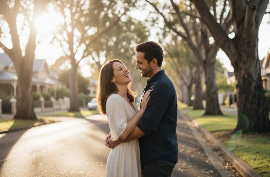 An epic moment of a laughing couple during their Balwyn engagement photography session, silhouetted against a golden hour sunset over leafy Balwyn, Victoria, radiating authentic joy and connection.