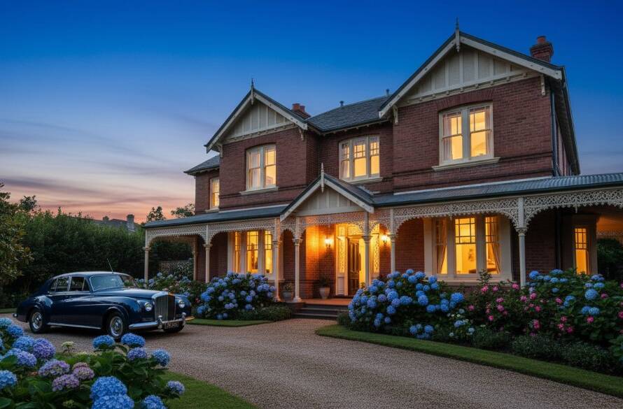 Balwyn fine art heritage home photography capturing a dramatic wide-angle shot of a grand Edwardian house at dusk, bathed in warm, golden light spilling from its windows, with intricate architectural details highlighted against a deep blue sky. A classic car is parked elegantly in the driveway, enhancing the timeless appeal.
