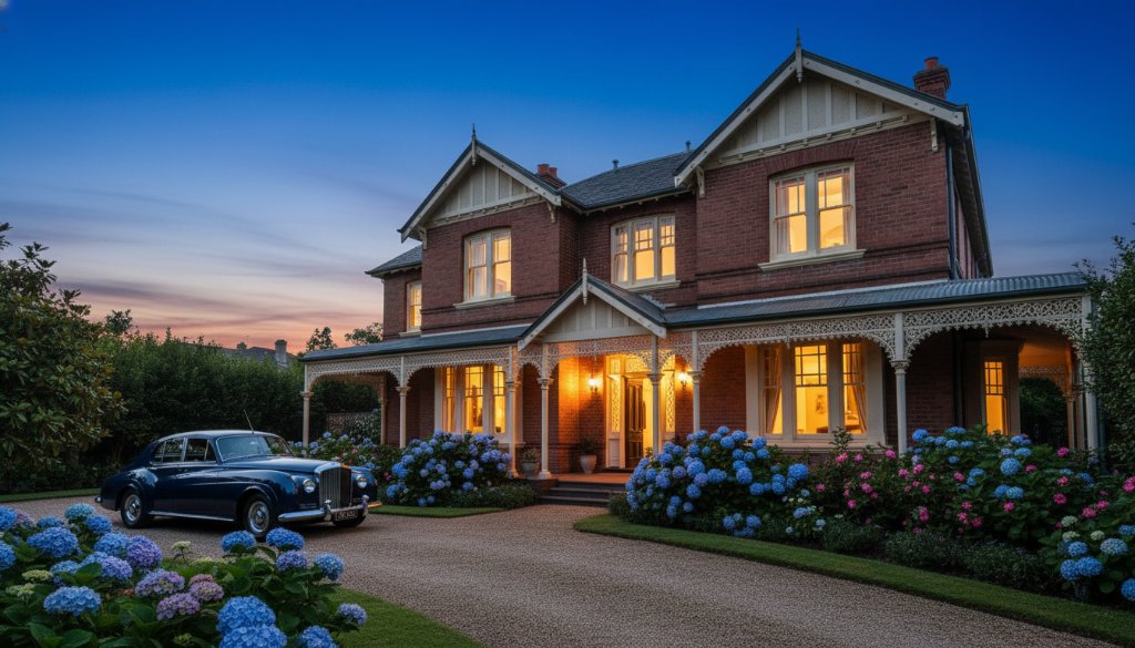 Balwyn fine art heritage home photography capturing a dramatic wide-angle shot of a grand Edwardian house at dusk, bathed in warm, golden light spilling from its windows, with intricate architectural details highlighted against a deep blue sky. A classic car is parked elegantly in the driveway, enhancing the timeless appeal.