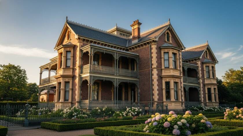 An epic moment captured in Balwyn heritage home architectural photography: A grand, ornate Victorian-era residence in Balwyn at golden hour, its intricate facade bathed in warm, dramatic sunlight. The scene is composed to highlight the home's unique architectural details, with long shadows adding depth and mystery, and a clear, blue sky providing a striking contrast. Professional color grading enhances the rich textures and historical character of the building, making it a compelling portfolio hero shot.