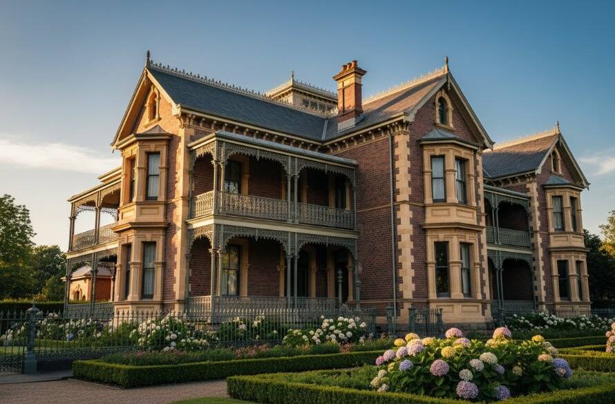 An epic moment captured in Balwyn heritage home architectural photography: A grand, ornate Victorian-era residence in Balwyn at golden hour, its intricate facade bathed in warm, dramatic sunlight. The scene is composed to highlight the home's unique architectural details, with long shadows adding depth and mystery, and a clear, blue sky providing a striking contrast. Professional color grading enhances the rich textures and historical character of the building, making it a compelling portfolio hero shot.
