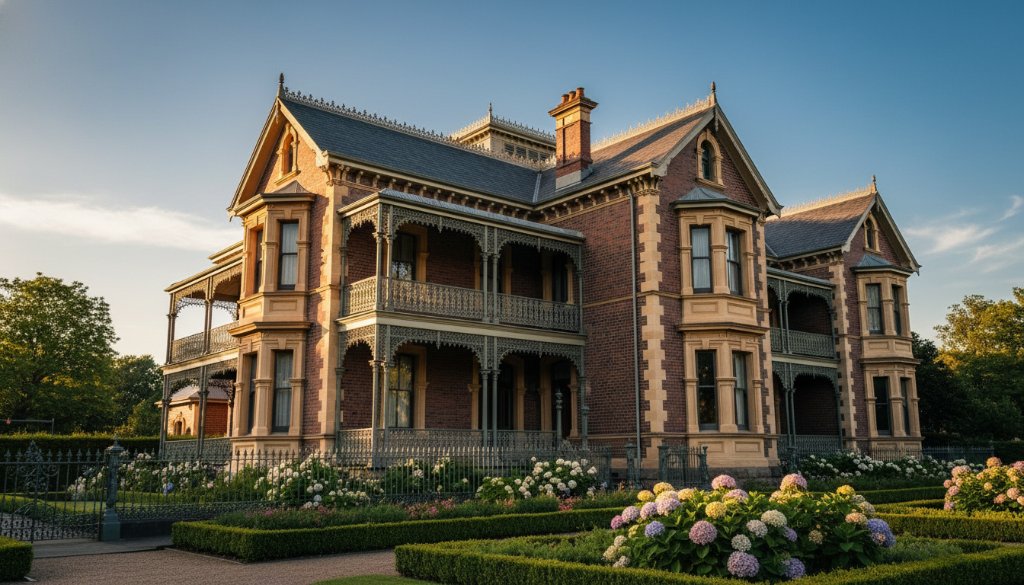 An epic moment captured in Balwyn heritage home architectural photography: A grand, ornate Victorian-era residence in Balwyn at golden hour, its intricate facade bathed in warm, dramatic sunlight. The scene is composed to highlight the home's unique architectural details, with long shadows adding depth and mystery, and a clear, blue sky providing a striking contrast. Professional color grading enhances the rich textures and historical character of the building, making it a compelling portfolio hero shot.