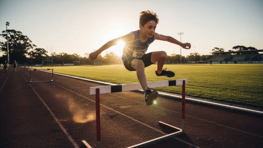 Dynamic wide-angle shot capturing a junior athlete mid-stride during a hurdles race at a Balwyn track, showcasing the intensity of Balwyn junior athletics photography Melbourne with dramatic sunlight and motion blur.
