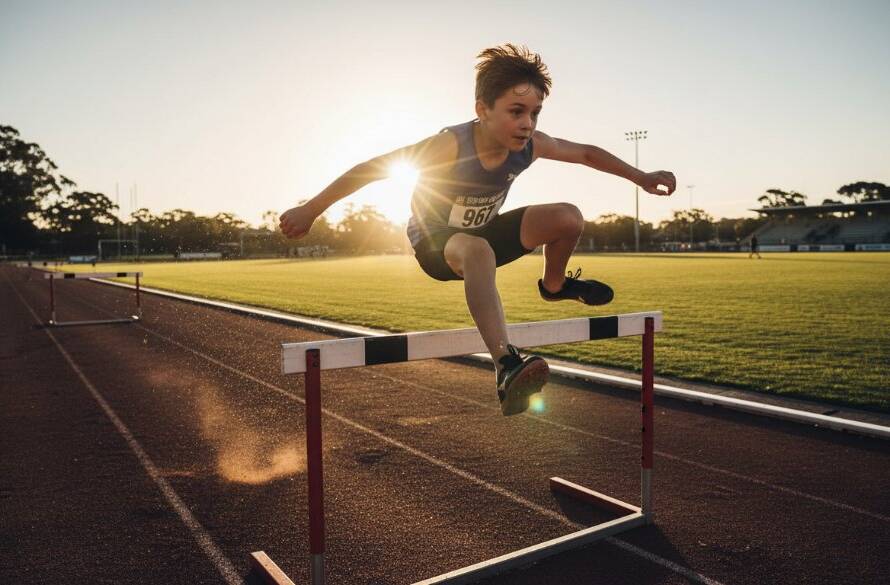 Dynamic wide-angle shot capturing a junior athlete mid-stride during a hurdles race at a Balwyn track, showcasing the intensity of Balwyn junior athletics photography Melbourne with dramatic sunlight and motion blur.