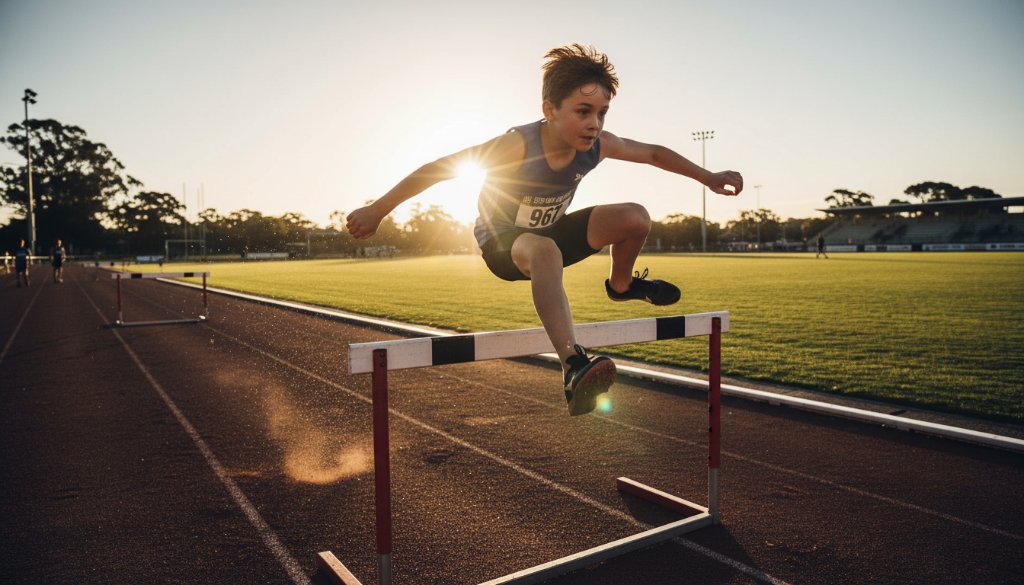 Dynamic wide-angle shot capturing a junior athlete mid-stride during a hurdles race at a Balwyn track, showcasing the intensity of Balwyn junior athletics photography Melbourne with dramatic sunlight and motion blur.