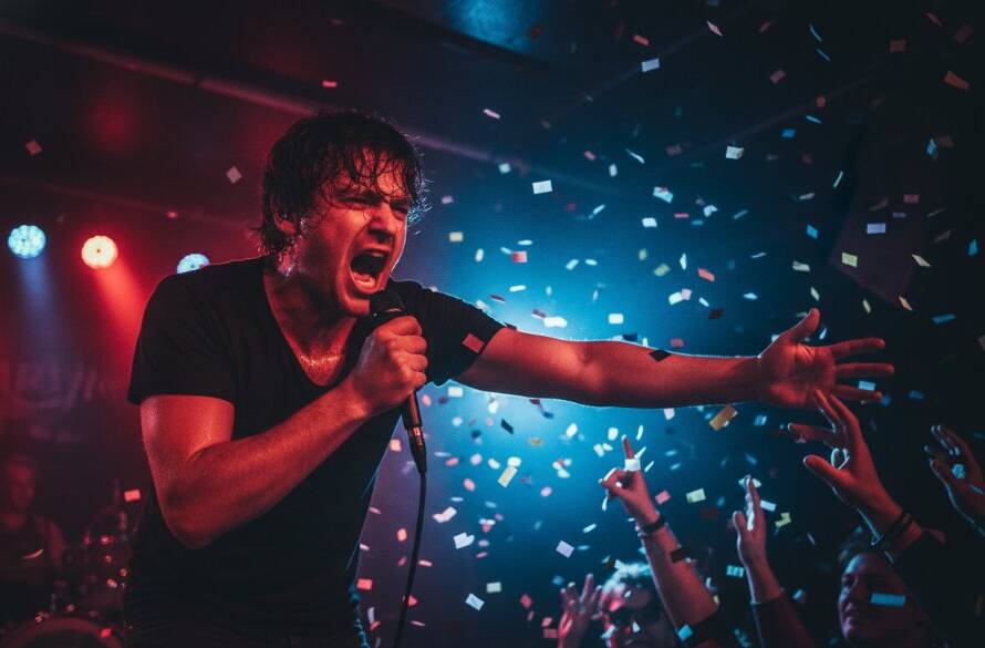 Dynamic Balwyn live music photography capturing electric moments of a lead guitarist mid-solo on stage, bathed in dramatic magenta and blue stage lights, sweat glistening, crowd silhouetted in the background.