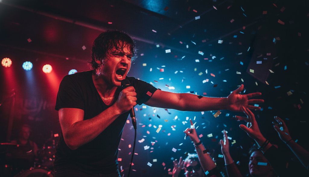Dynamic Balwyn live music photography capturing electric moments of a lead guitarist mid-solo on stage, bathed in dramatic magenta and blue stage lights, sweat glistening, crowd silhouetted in the background.