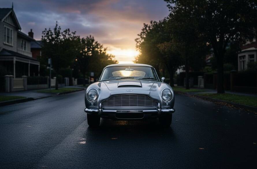 An epic moment captured through Balwyn luxury car photography Melbourne, showing a gleaming classic Porsche 911 dramatically lit at dusk on a quiet, leafy Balwyn street, with faint reflections of heritage architecture in its polished chrome, conveying power and elegance.