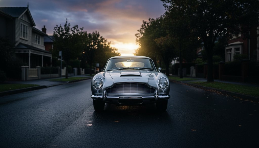 An epic moment captured through Balwyn luxury car photography Melbourne, showing a gleaming classic Porsche 911 dramatically lit at dusk on a quiet, leafy Balwyn street, with faint reflections of heritage architecture in its polished chrome, conveying power and elegance.