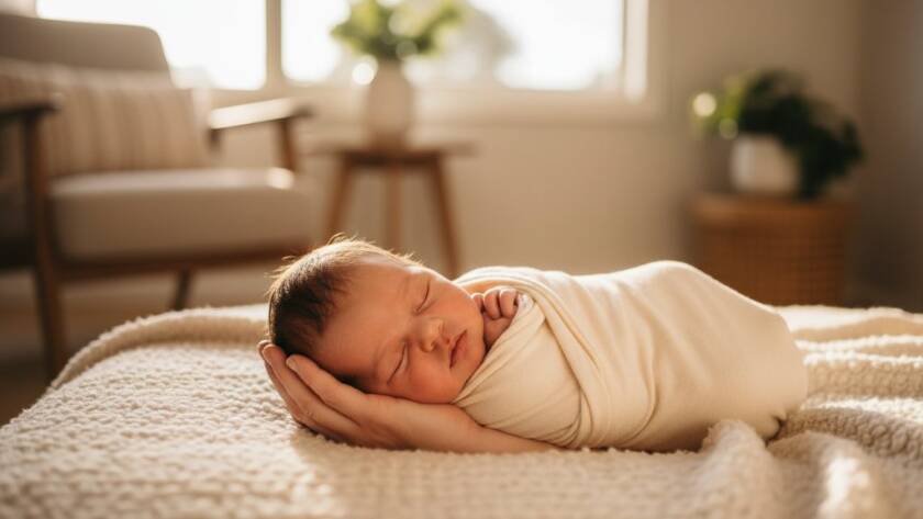 A Balwyn newborn photographer capturing tender family moments, showing a close-up, dramatic portrait of a sleeping newborn baby swaddled in soft fabrics, cradled gently in parent's hands, with warm, soft light illuminating their face from a window, set in a cozy Balwyn home, conveying peace and profound love.