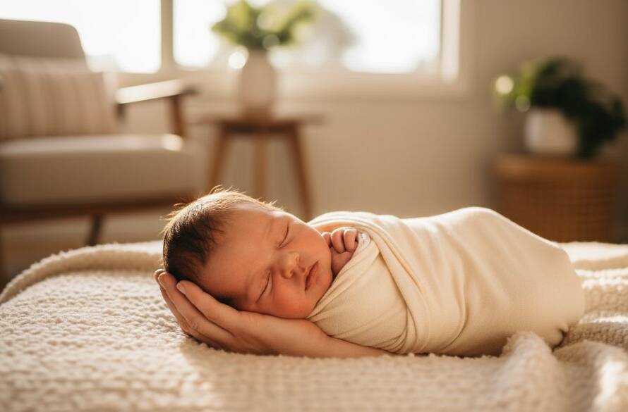 A Balwyn newborn photographer capturing tender family moments, showing a close-up, dramatic portrait of a sleeping newborn baby swaddled in soft fabrics, cradled gently in parent's hands, with warm, soft light illuminating their face from a window, set in a cozy Balwyn home, conveying peace and profound love.