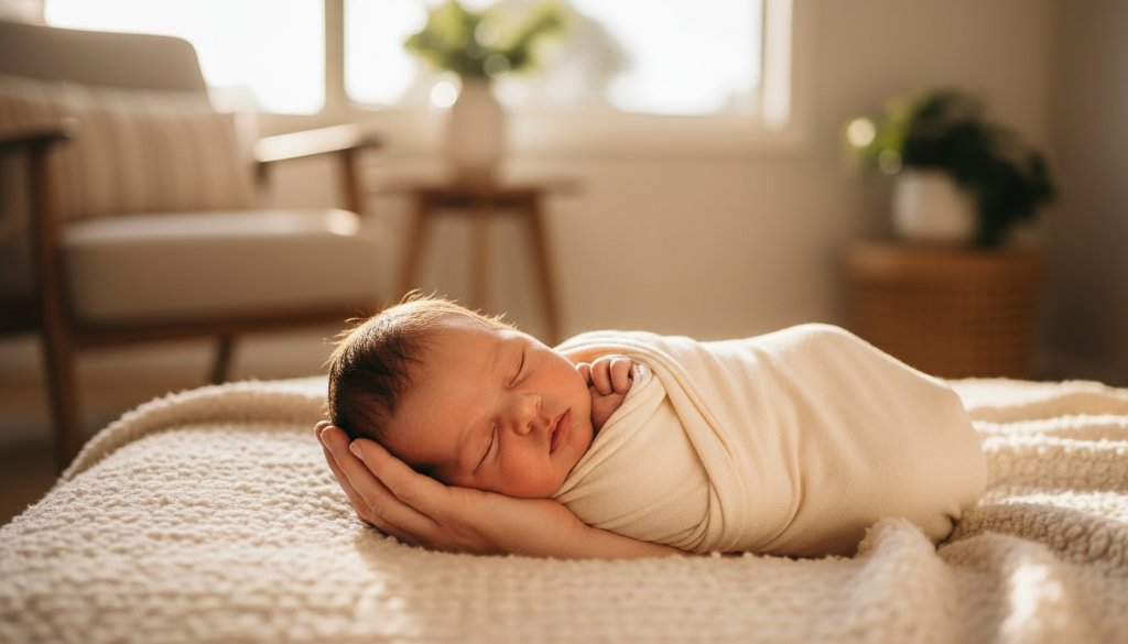 A Balwyn newborn photographer capturing tender family moments, showing a close-up, dramatic portrait of a sleeping newborn baby swaddled in soft fabrics, cradled gently in parent's hands, with warm, soft light illuminating their face from a window, set in a cozy Balwyn home, conveying peace and profound love.
