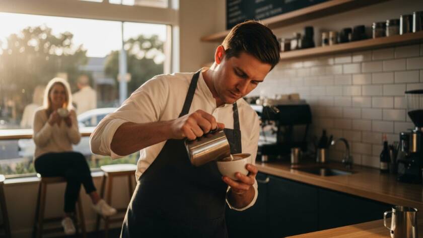 A dynamic wide-angle shot showcasing Balwyn North advertising photography for local businesses, featuring a local cafe owner proudly presenting a perfectly crafted coffee cup amidst the warm, inviting glow of their modern cafe interior in Balwyn North. Dramatic bokeh in the background highlights happy customers, emphasizing community and quality. Professional lighting and cinematic colour grading.