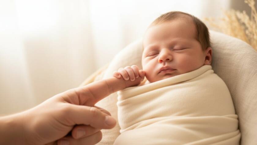An intimate, beautifully lit portrait capturing a sleeping newborn nestled peacefully in a soft, knitted blanket with a parent's gentle hand, evoking the tender essence of Balwyn North cherished newborn photography, dramatic lighting, professional colour grading.