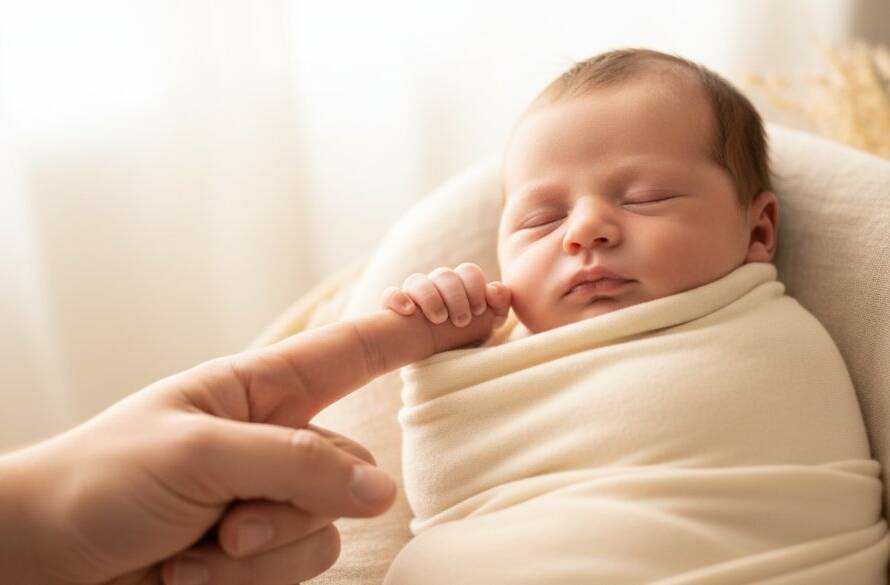 An intimate, beautifully lit portrait capturing a sleeping newborn nestled peacefully in a soft, knitted blanket with a parent's gentle hand, evoking the tender essence of Balwyn North cherished newborn photography, dramatic lighting, professional colour grading.
