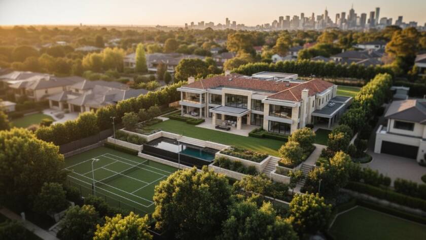 An expansive Balwyn North drone photography: Aerial Views shot showcasing a grand modern home bathed in golden hour light, overlooking lush parklands with the Melbourne CBD skyline visible in the distance, conveying a sense of luxury and unparalleled perspective.