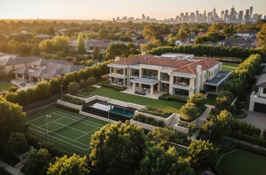 An expansive Balwyn North drone photography: Aerial Views shot showcasing a grand modern home bathed in golden hour light, overlooking lush parklands with the Melbourne CBD skyline visible in the distance, conveying a sense of luxury and unparalleled perspective.