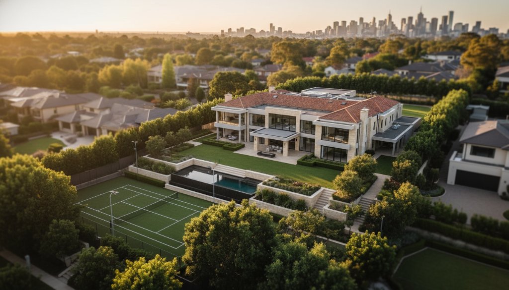 An expansive Balwyn North drone photography: Aerial Views shot showcasing a grand modern home bathed in golden hour light, overlooking lush parklands with the Melbourne CBD skyline visible in the distance, conveying a sense of luxury and unparalleled perspective.