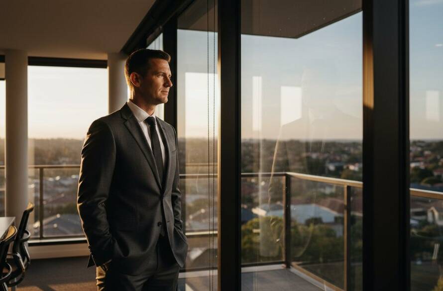 A confident male executive in a modern Balwyn North office, captured in a dynamic corporate photography services portrait, with dramatic lighting highlighting his profile against a blurred city backdrop, conveying professionalism and leadership.