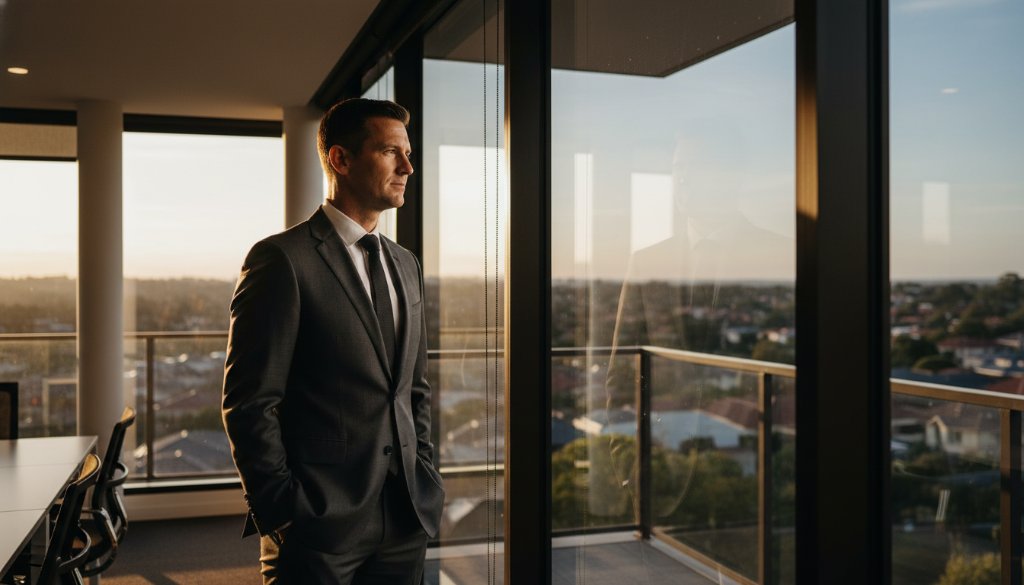 A confident male executive in a modern Balwyn North office, captured in a dynamic corporate photography services portrait, with dramatic lighting highlighting his profile against a blurred city backdrop, conveying professionalism and leadership.