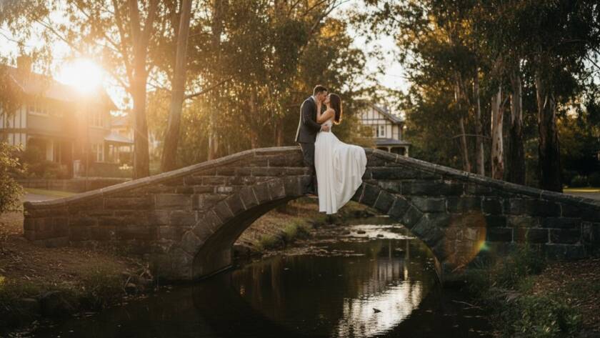 A newly married couple shares a tender, joyous embrace in a sun-dappled, tree-lined street of Balwyn North, Victoria, with a golden hour glow, exemplifying Balwyn North intimate wedding photography Victoria.