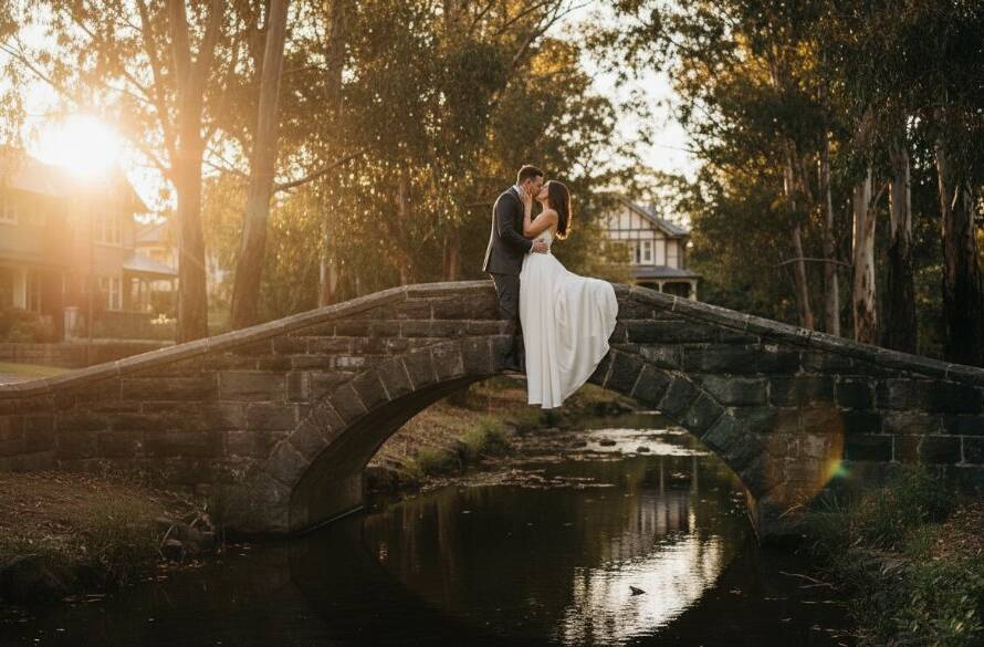 A newly married couple shares a tender, joyous embrace in a sun-dappled, tree-lined street of Balwyn North, Victoria, with a golden hour glow, exemplifying Balwyn North intimate wedding photography Victoria.