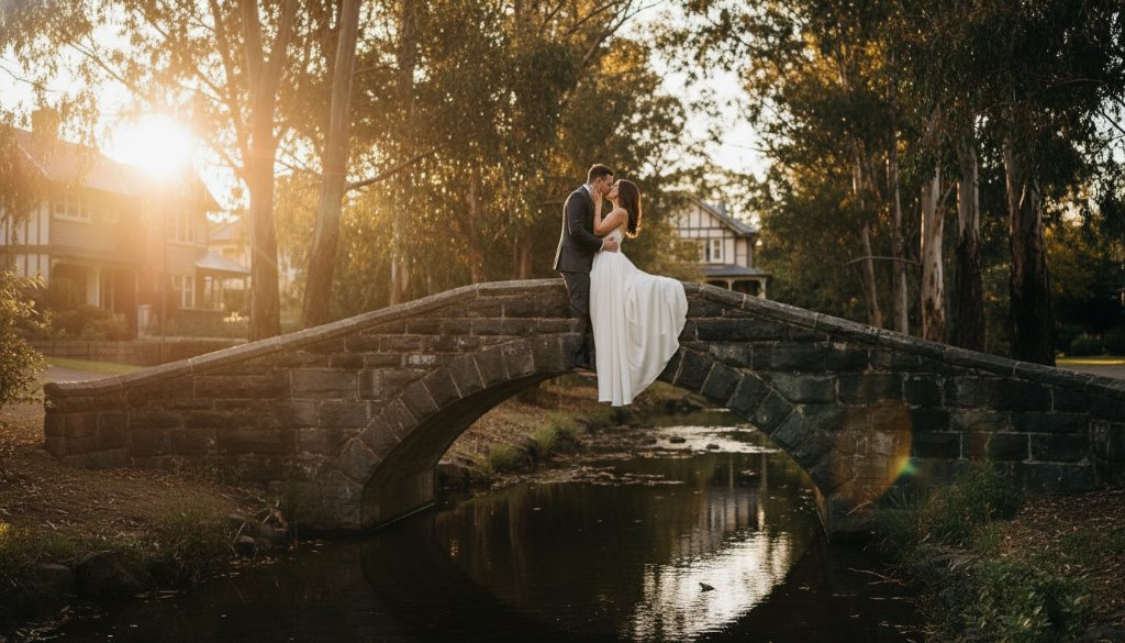 A newly married couple shares a tender, joyous embrace in a sun-dappled, tree-lined street of Balwyn North, Victoria, with a golden hour glow, exemplifying Balwyn North intimate wedding photography Victoria.