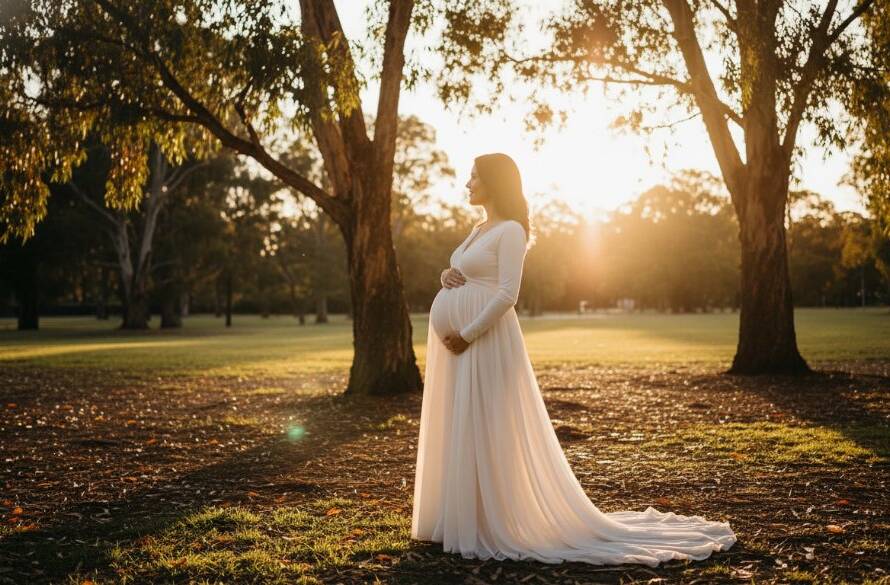 An ethereal Balwyn North maternity photoshoot capturing a glowing mum-to-be, silhouetted against a golden hour sunset over a tranquil park, with dramatic backlighting highlighting her baby bump and flowing gown, conveying serene anticipation.