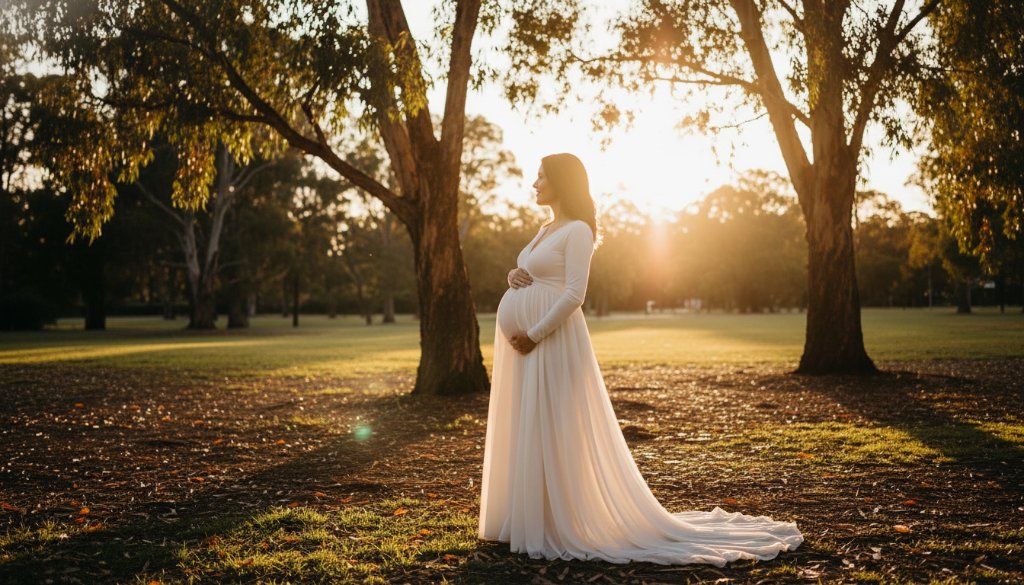 An ethereal Balwyn North maternity photoshoot capturing a glowing mum-to-be, silhouetted against a golden hour sunset over a tranquil park, with dramatic backlighting highlighting her baby bump and flowing gown, conveying serene anticipation.