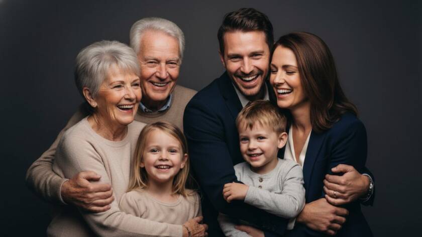 A heartwarming, professionally lit studio photograph capturing Balwyn North professional studio family portraits, showing a multi-generational family laughing joyously, beautifully composed with dramatic, soft lighting against a neutral background, highlighting their genuine connection in an epic moment.
