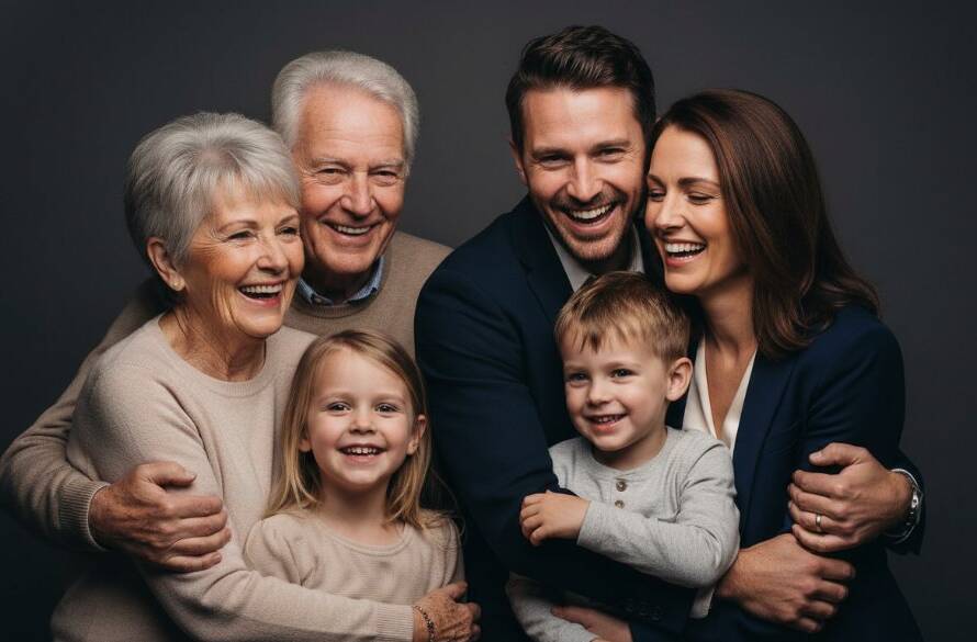 A heartwarming, professionally lit studio photograph capturing Balwyn North professional studio family portraits, showing a multi-generational family laughing joyously, beautifully composed with dramatic, soft lighting against a neutral background, highlighting their genuine connection in an epic moment.