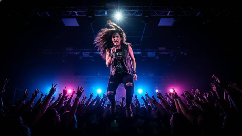 Dynamic wide shot capturing an electrifying live music performance at a local venue in Balwyn North, showcasing the vibrant energy of Balwyn North vibrant concert photography Melbourne with a lead singer illuminated by dramatic stage lights, bathed in colourful hues, engaging with a cheering crowd, captured with professional precision.