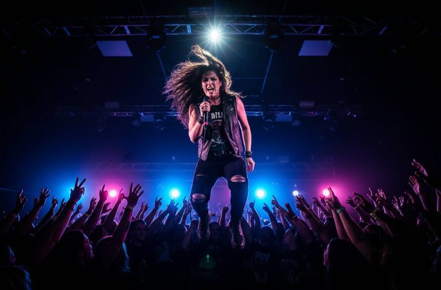 Dynamic wide shot capturing an electrifying live music performance at a local venue in Balwyn North, showcasing the vibrant energy of Balwyn North vibrant concert photography Melbourne with a lead singer illuminated by dramatic stage lights, bathed in colourful hues, engaging with a cheering crowd, captured with professional precision.