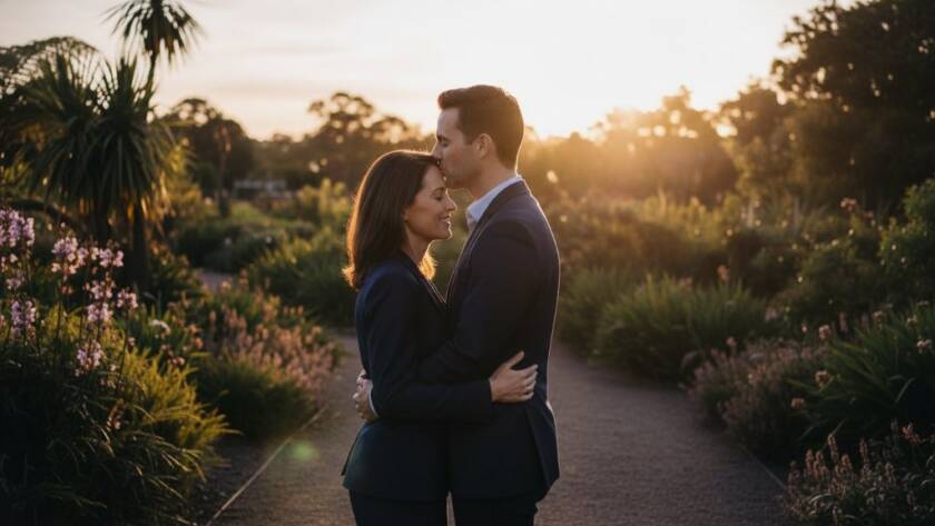 A couple embraces tenderly at dusk in a lush Balwyn park, bathed in golden light, capturing their Balwyn pre-wedding photoshoot romantic Melbourne moments with an epic, cinematic feel.