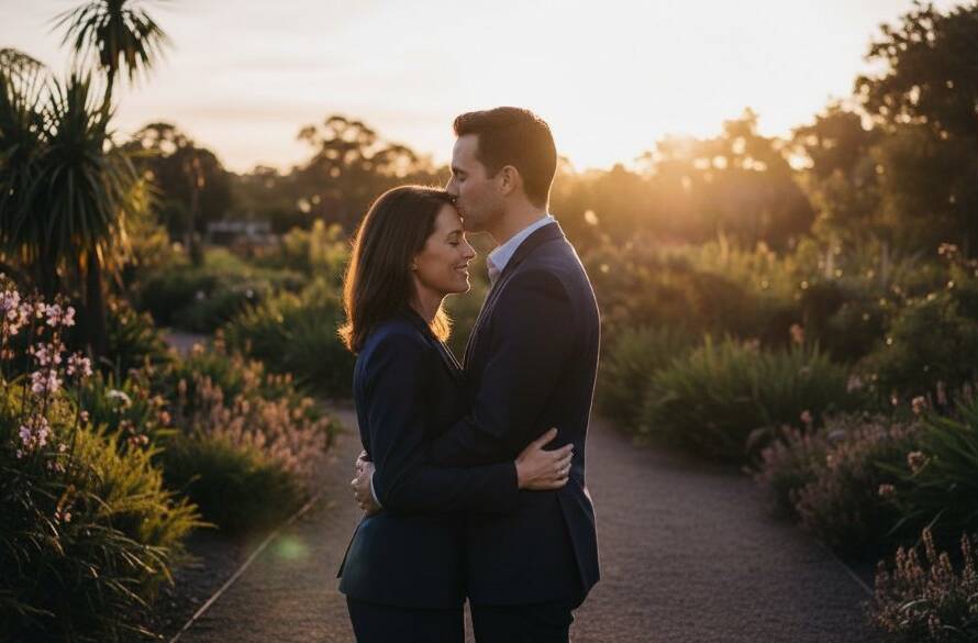 A couple embraces tenderly at dusk in a lush Balwyn park, bathed in golden light, capturing their Balwyn pre-wedding photoshoot romantic Melbourne moments with an epic, cinematic feel.