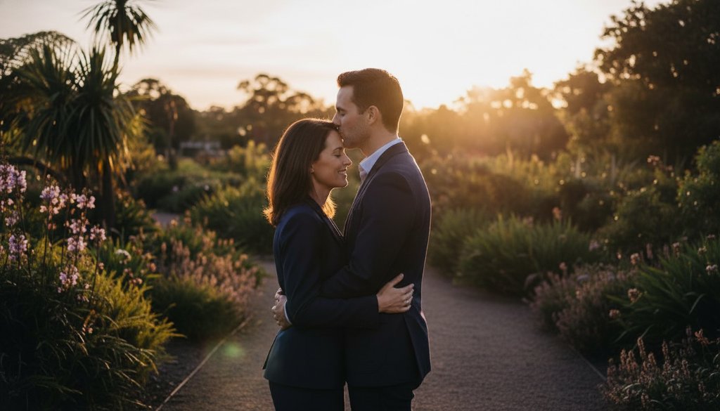 A couple embraces tenderly at dusk in a lush Balwyn park, bathed in golden light, capturing their Balwyn pre-wedding photoshoot romantic Melbourne moments with an epic, cinematic feel.
