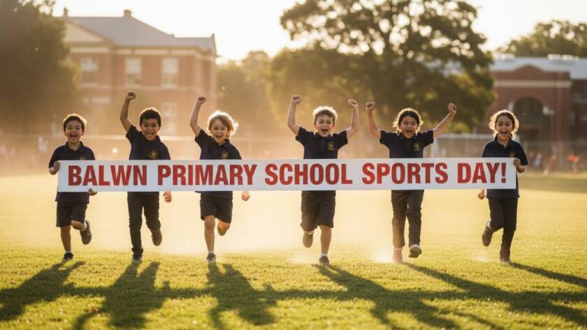 A heartwarming, professionally color-graded wide shot capturing a pivotal Balwyn primary school photography capturing candid childhood moments with genuine joy: two children laughing excitedly, one kicking a soccer ball towards the goal while their friends cheer in the background on a sunny school oval in Balwyn, bathed in golden hour light, celebrating an epic, unscripted moment of camaraderie and achievement.
