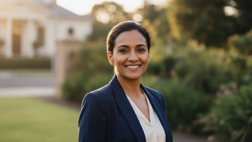 A confident professional in Balwyn professional headshots to elevate your personal brand, captured with dramatic side lighting against a soft, blurred urban background, creating an inspiring and aspirational 'epic moment' portrait. The subject has a genuine smile and direct eye contact, conveying approachability and strength.
