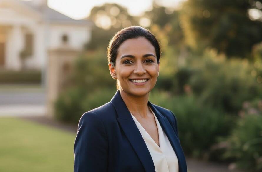 A confident professional in Balwyn professional headshots to elevate your personal brand, captured with dramatic side lighting against a soft, blurred urban background, creating an inspiring and aspirational 'epic moment' portrait. The subject has a genuine smile and direct eye contact, conveying approachability and strength.