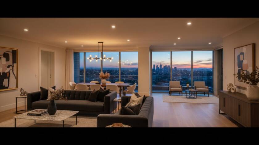 A wide-angle, professionally colour-graded photograph showcasing the dramatic evening interior of a luxurious modern home in Balwyn, Victoria, with sweeping city views visible through large windows, demonstrating expert Balwyn real estate photography luxury property presentation and attracting discerning buyers.