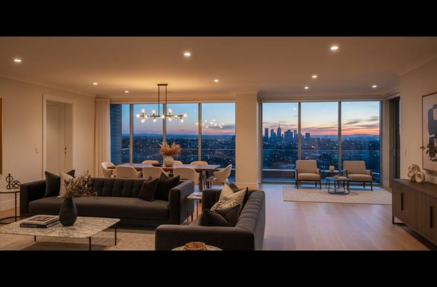 A wide-angle, professionally colour-graded photograph showcasing the dramatic evening interior of a luxurious modern home in Balwyn, Victoria, with sweeping city views visible through large windows, demonstrating expert Balwyn real estate photography luxury property presentation and attracting discerning buyers.
