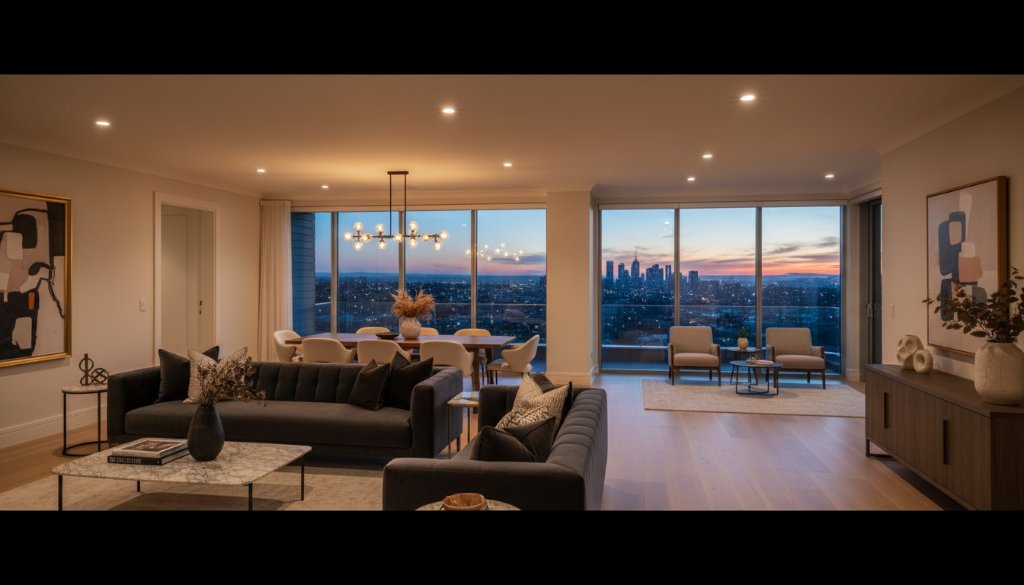 A wide-angle, professionally colour-graded photograph showcasing the dramatic evening interior of a luxurious modern home in Balwyn, Victoria, with sweeping city views visible through large windows, demonstrating expert Balwyn real estate photography luxury property presentation and attracting discerning buyers.