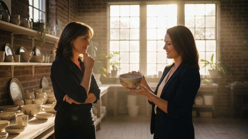 Dramatic, cinematic photograph capturing a Balwyn small business branding photography session. A local artisan, brightly lit, passionately explains their craft in a heritage Balwyn cafe, surrounded by natural light and soft bokeh, embodying the unique charm of Balwyn's creative spirit.