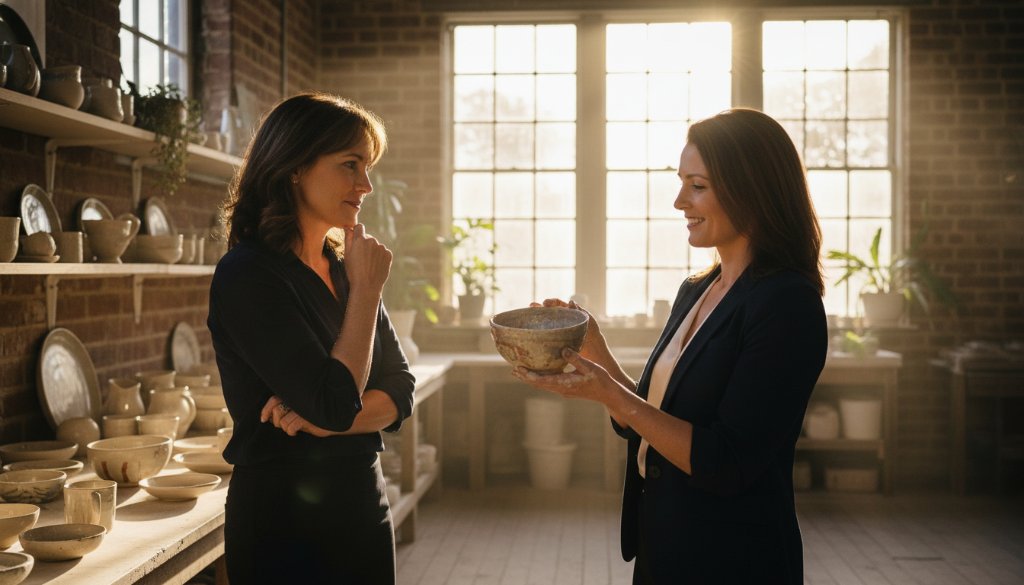 Dramatic, cinematic photograph capturing a Balwyn small business branding photography session. A local artisan, brightly lit, passionately explains their craft in a heritage Balwyn cafe, surrounded by natural light and soft bokeh, embodying the unique charm of Balwyn's creative spirit.