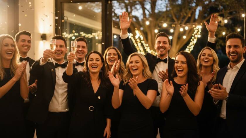 A candid, joyous moment perfectly captured by Balwyn vibrant party photography, showing guests laughing and dancing under twinkling lights at a stylish Balwyn venue, professionally lit and colour-graded.