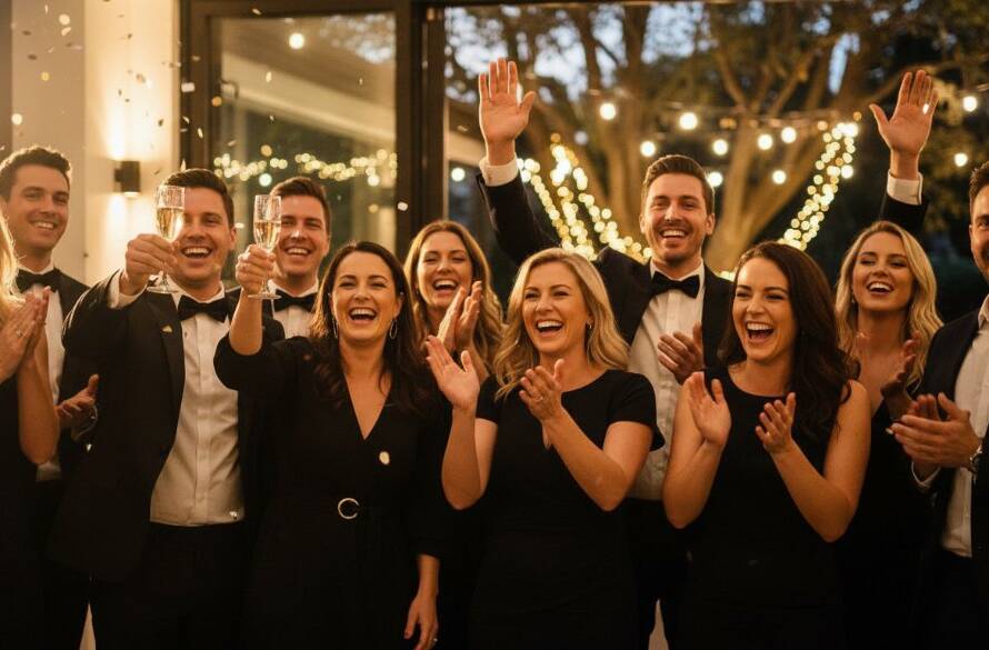 A candid, joyous moment perfectly captured by Balwyn vibrant party photography, showing guests laughing and dancing under twinkling lights at a stylish Balwyn venue, professionally lit and colour-graded.